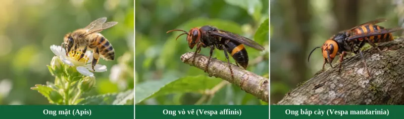 So sánh ba loài ong thường gặp: ong mật thân phủ lông vàng nâu, ong vò vẽ thân đen có vành cam, ong bắp cày đầu vàng cam to