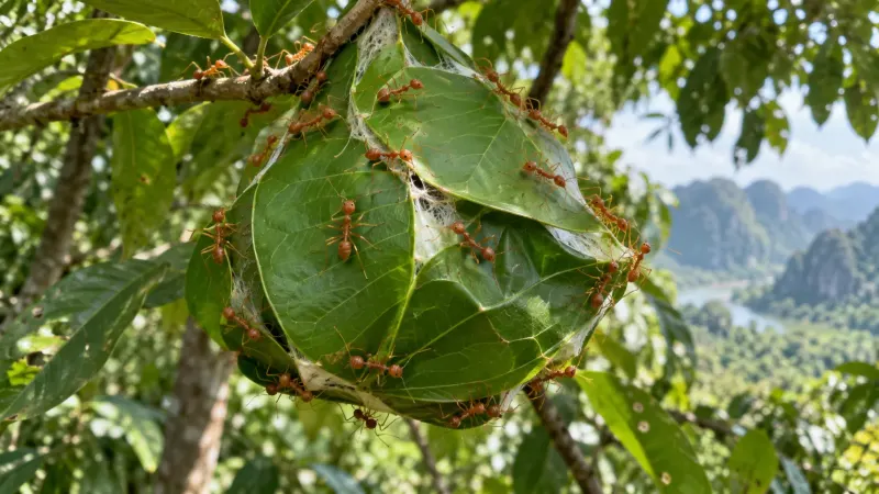 Tổ kiến vàng kết từ nhiều lá cây khâu lại trên cành
