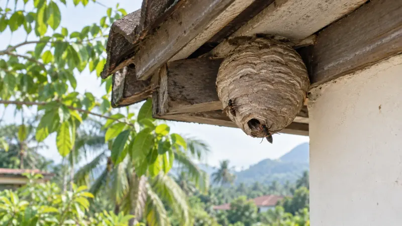 Tổ ong vò vẽ hình bầu nậm màu xám treo dưới mái hiên nhà