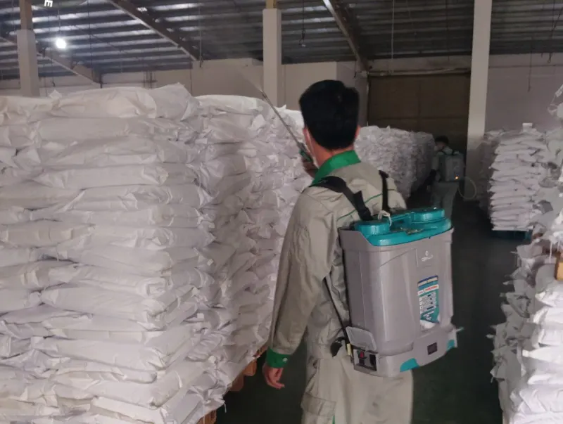 Kỹ thuật viên đứng cạnh chồng bao trên pallet, phun chân pallet sát nền kho
